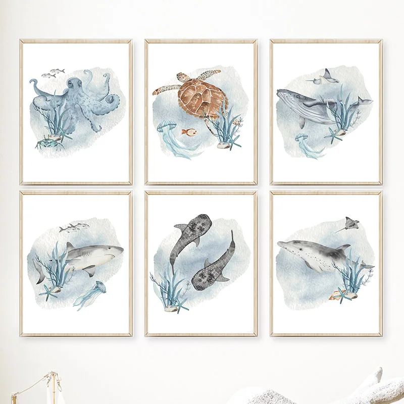 Baby Nursery Ocean - Pósteres e impresiones de ballena, pez,