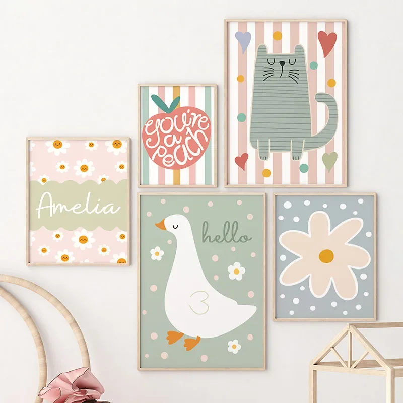 Baby Nursery Paintings - Gato De dibujos animados, pato, pájaro,