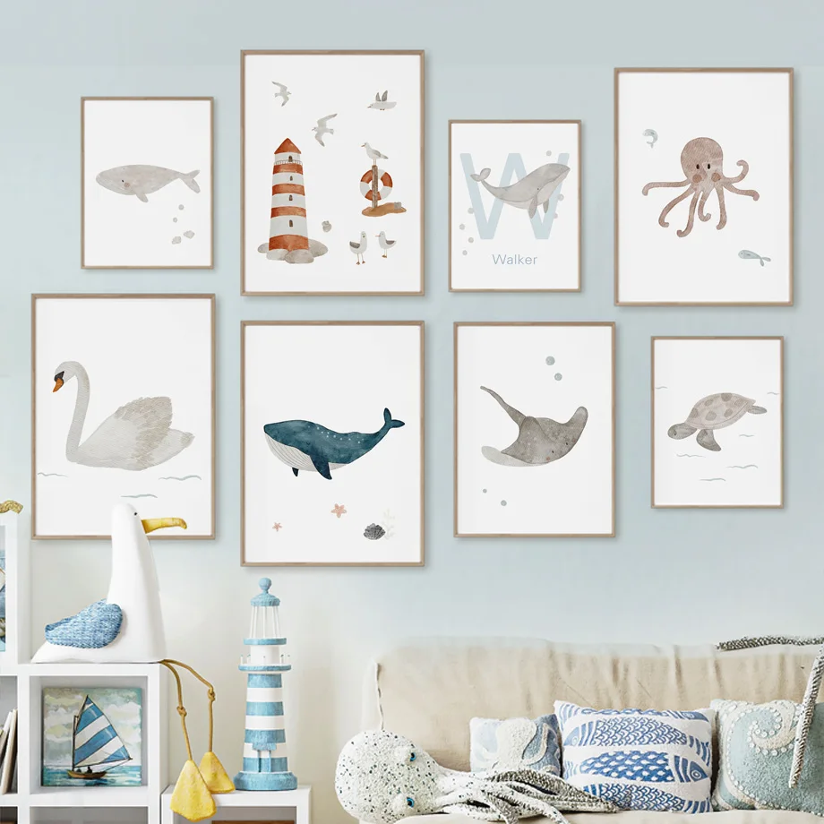 Baby Nursery Ocean - Cuadro Decorativo de Animales Marinos (Ballena,