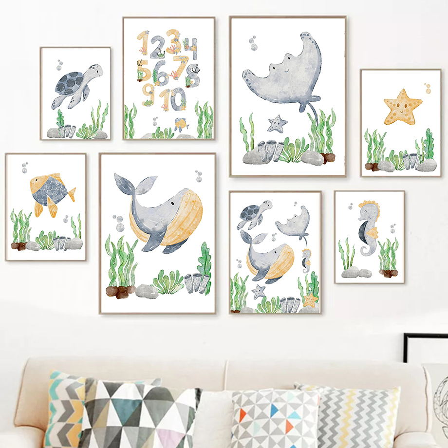 Baby Nursery Ocean - Pósteres Nórdicos de Animales Marinos (Peces,